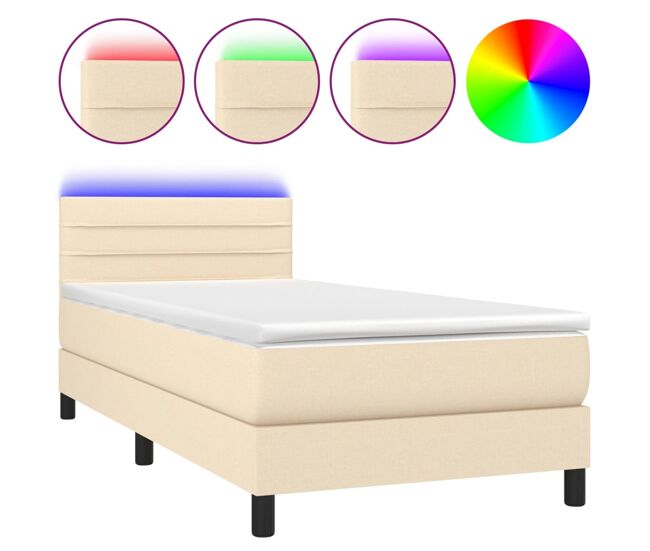 Cama box spring colchón y luces led tela crema 100x200 cm rayas horizontales