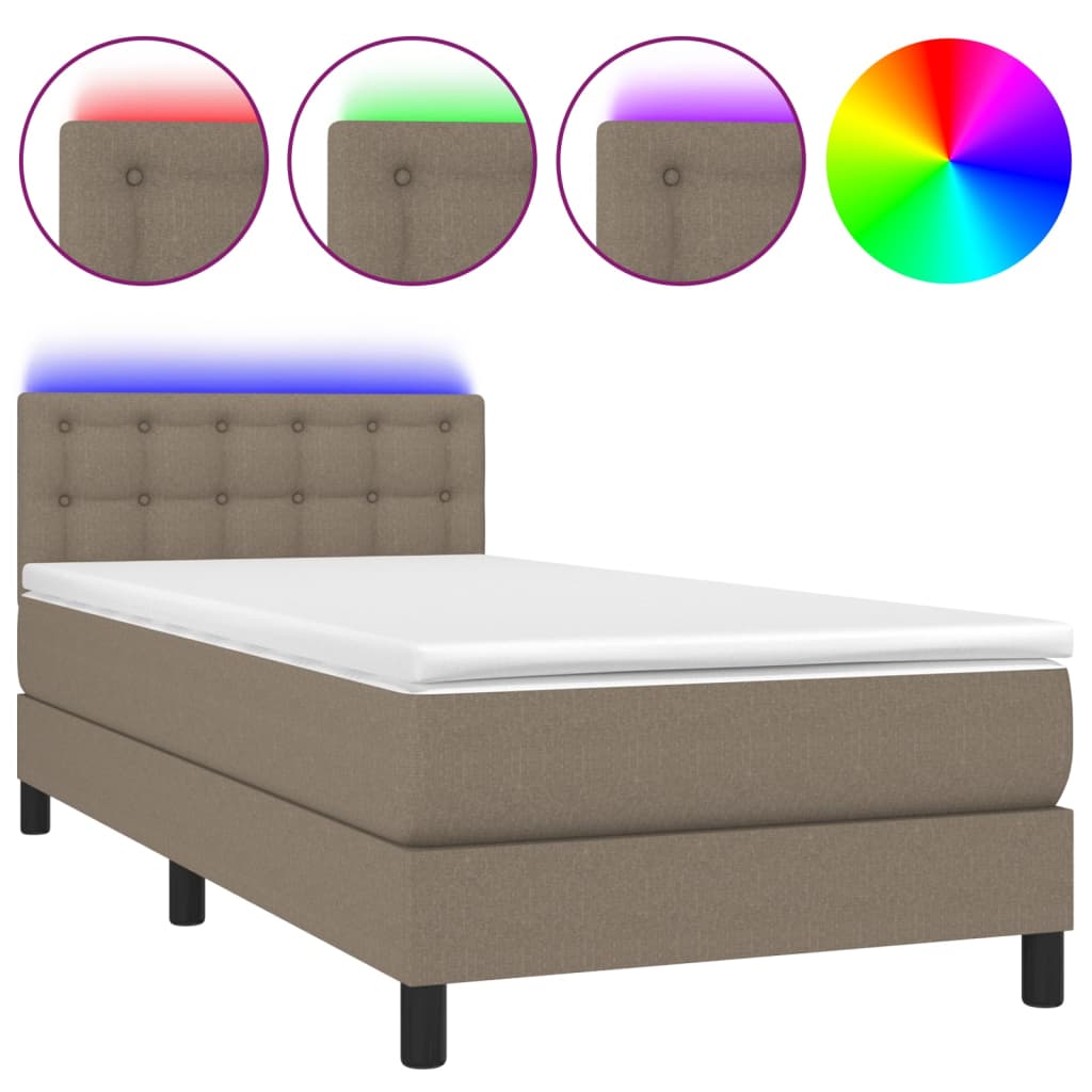 Cama box spring colchón y luces led tela gris taupe 100x200 cm botones