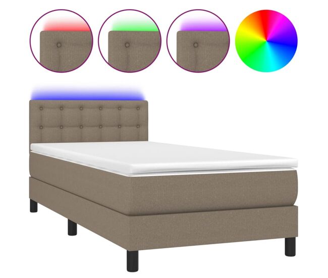 Cama box spring colchón y luces led tela gris taupe 100x200 cm botones