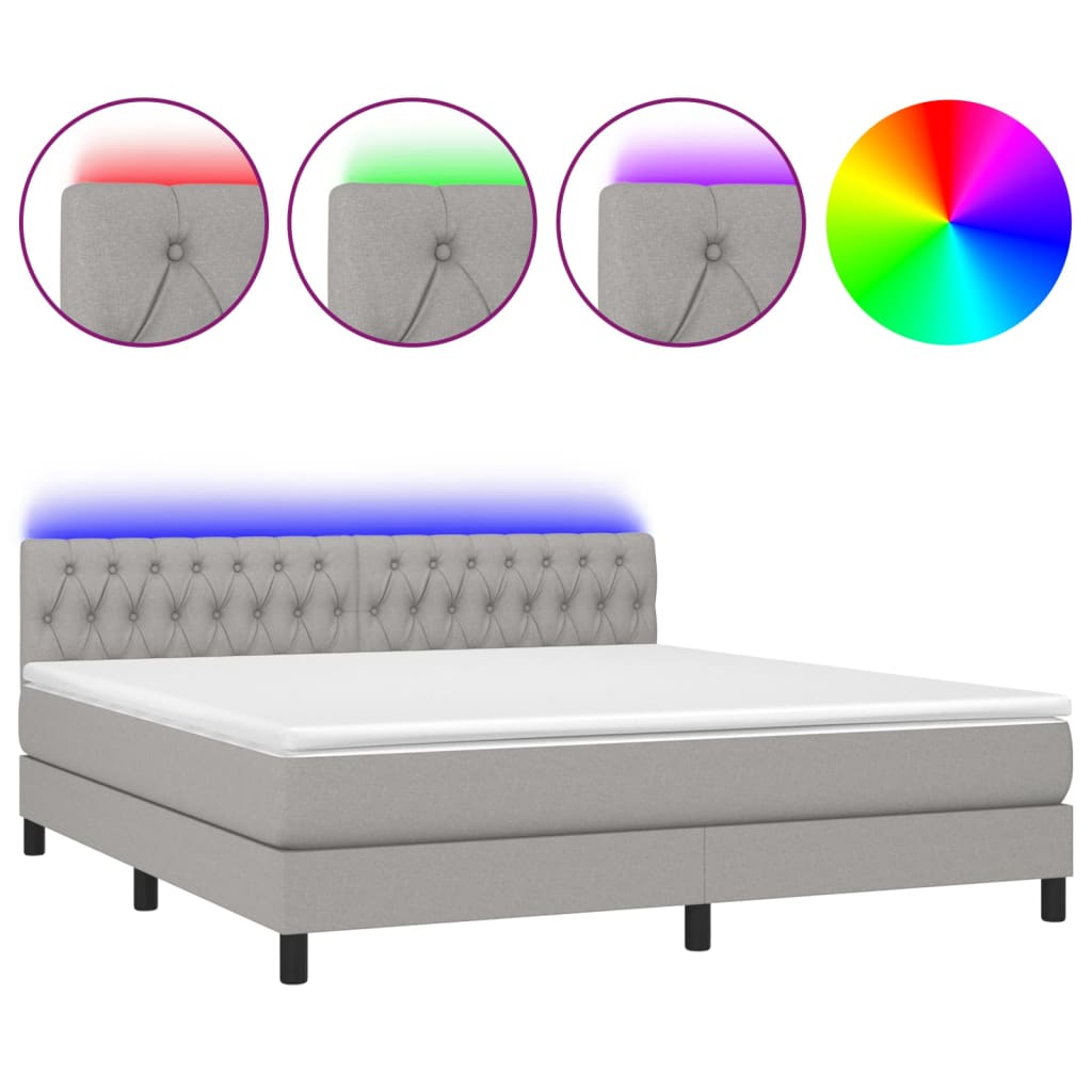 Cama box spring colchón y luces led tela gris claro 180x200 cm diseño de botones