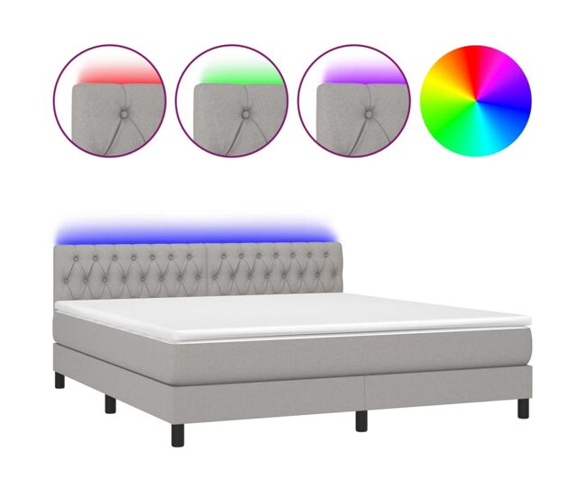 Cama box spring colchón y luces led tela gris claro 180x200 cm diseño de botones