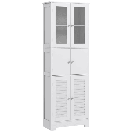 HOMCOM Armário Alto de Casa de Banho com 6 Portas, Prateleiras Ajustáveis, Sistema Antiqueda, Estilo Moderno, 60x30x170,5 cm, Branco