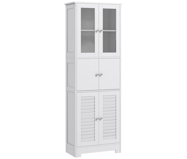 Homcom armario de baño alto mueble auxiliar de baño con 6 puertas estantes ajustables antivuelco estilo moderno 60x30x170,5 cm blanco