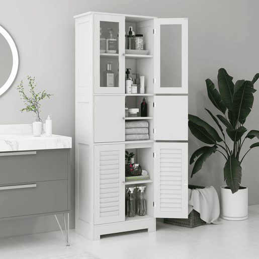 HOMCOM Armário Alto de Casa de Banho com 6 Portas, Prateleiras Ajustáveis, Sistema Antiqueda, Estilo Moderno, 60x30x170,5 cm, Branco
