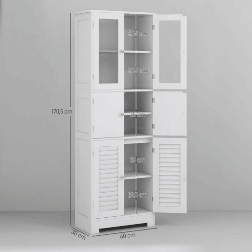 HOMCOM Armário Alto de Casa de Banho com 6 Portas, Prateleiras Ajustáveis, Sistema Antiqueda, Estilo Moderno, 60x30x170,5 cm, Branco