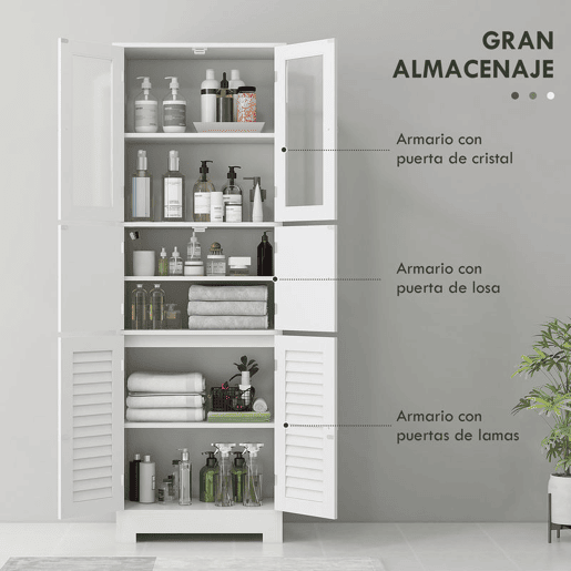 HOMCOM Armário Alto de Casa de Banho com 6 Portas, Prateleiras Ajustáveis, Sistema Antiqueda, Estilo Moderno, 60x30x170,5 cm, Branco