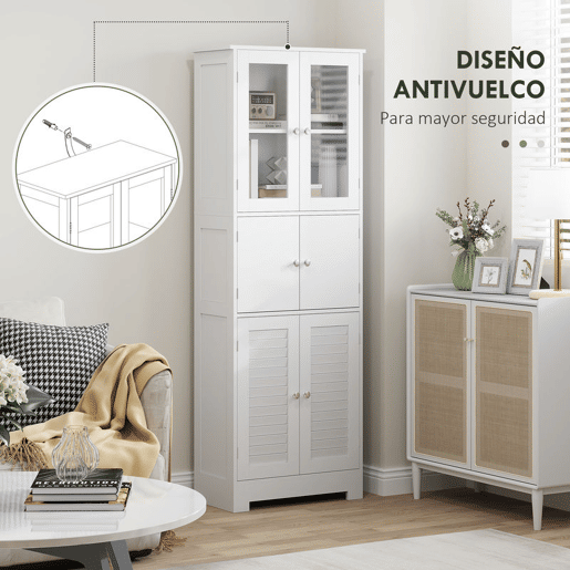 HOMCOM Armário Alto de Casa de Banho com 6 Portas, Prateleiras Ajustáveis, Sistema Antiqueda, Estilo Moderno, 60x30x170,5 cm, Branco