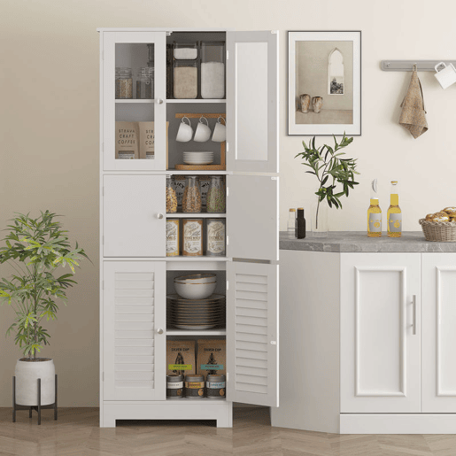 HOMCOM Armário Alto de Casa de Banho com 6 Portas, Prateleiras Ajustáveis, Sistema Antiqueda, Estilo Moderno, 60x30x170,5 cm, Branco