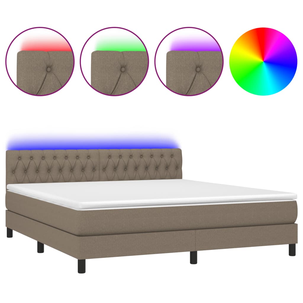 Cama box spring colchón y luces led tela gris taupe 160x200 cm diseño de botones