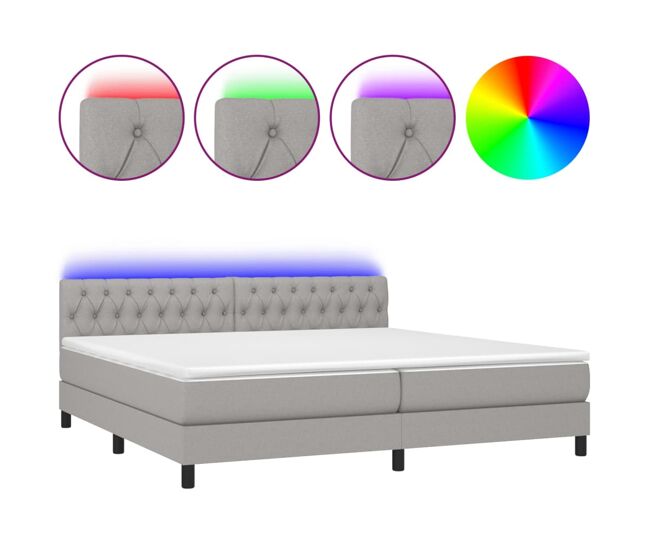 Cama box spring con colchón tela y led gris claro 200x200 cm diseño de botones