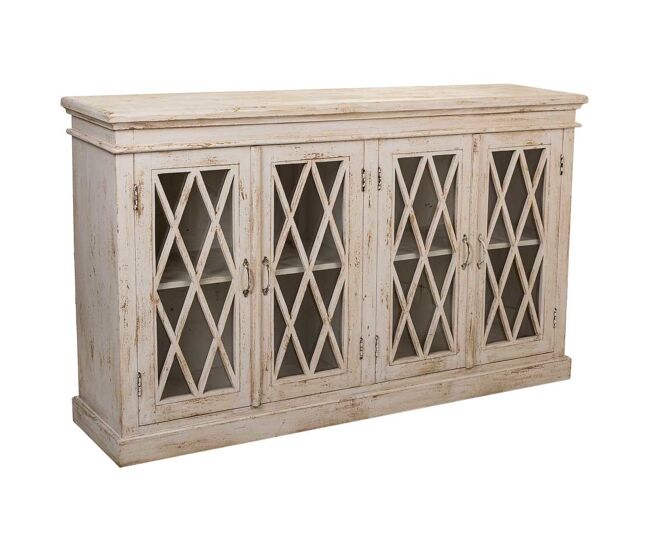 Aparador de madera y cristal artesanal blanco 170x40x100 cm