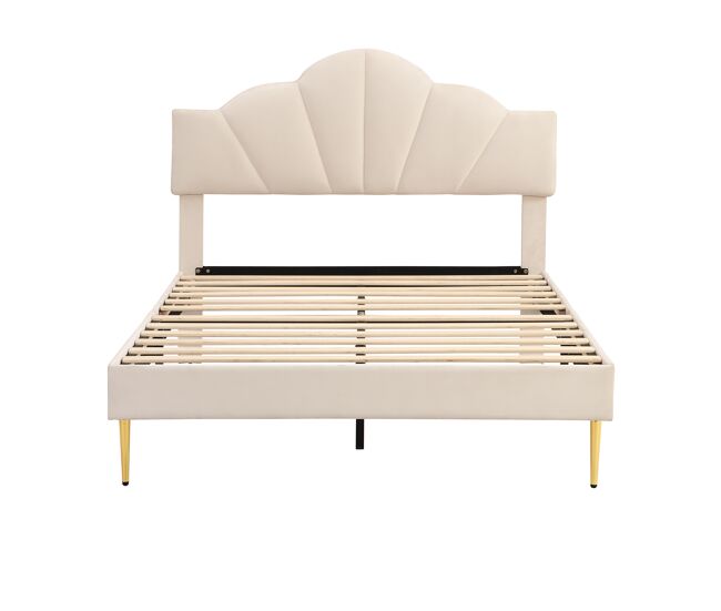 Cama infantil de terciopelo - 140x190cm - cabecero en forma de concha - beige