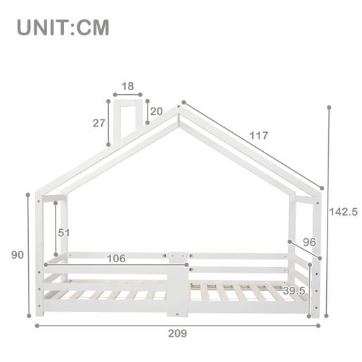 Cama de cabina com grelha de proteção - 90x200cm - madeira maciça - Branco