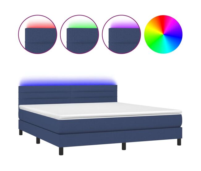Cama box spring colchón y luces led tela azul 180x200 cm rayas horizontales