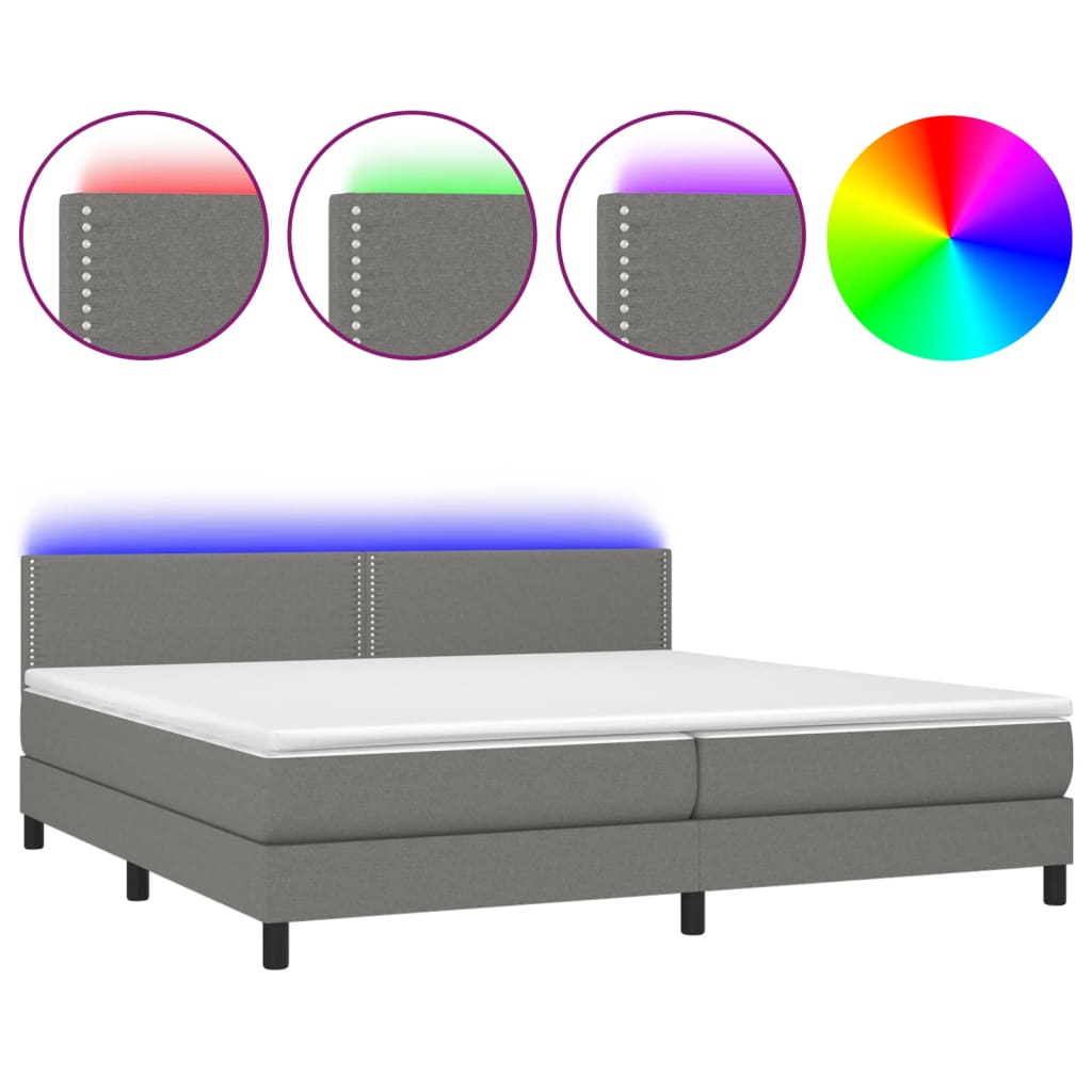 cama box spring colchon y luces led tela gris claro 200x200 cm liso con clavos