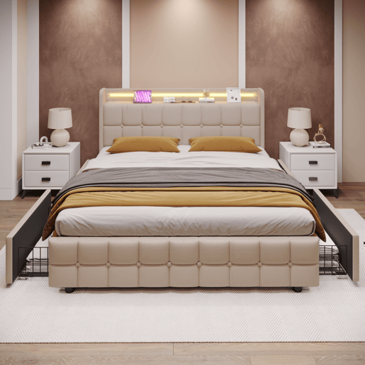 Cama estofada 140x200 cm em linho - com LED e portas de carregamento USB - 2 gavetas - Bege