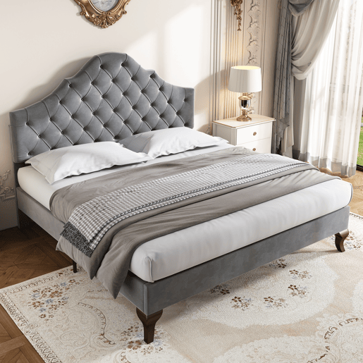 Cama estofada 140x200cm em veludo com cabeceira regulável + estrado - Cinzento