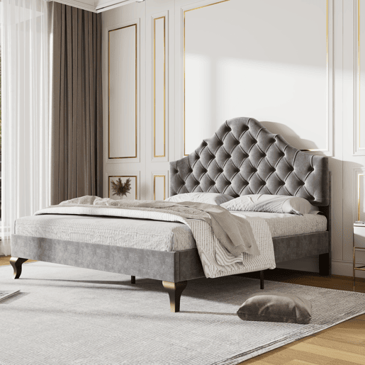 Cama estofada 140x200cm em veludo com cabeceira regulável + estrado - Cinzento