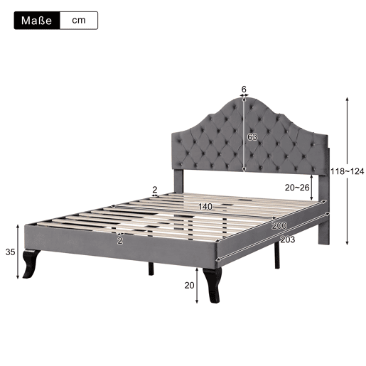 Cama estofada 140x200cm em veludo com cabeceira regulável + estrado - Cinzento