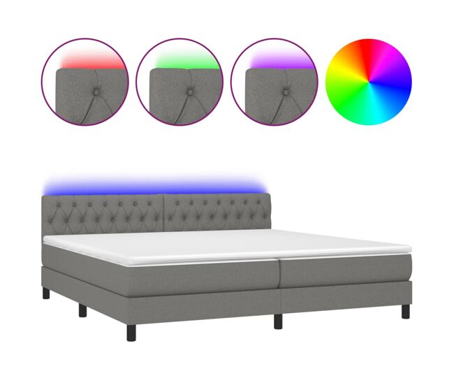 Cama box spring colchón y luces led tela gris claro 200x200 cm diseño de botones