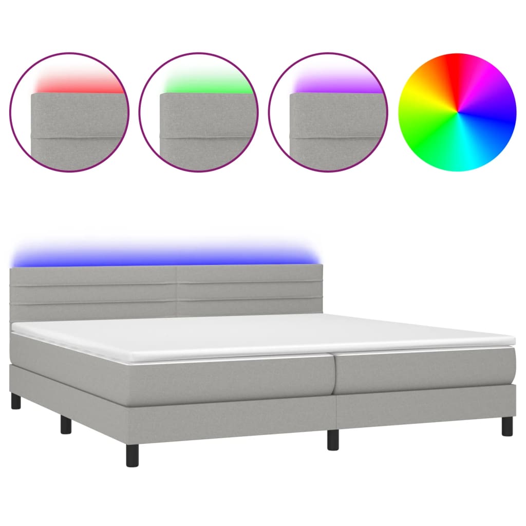 Cama box spring con colchón tela y led gris claro 200x200 cm rayas horizontales
