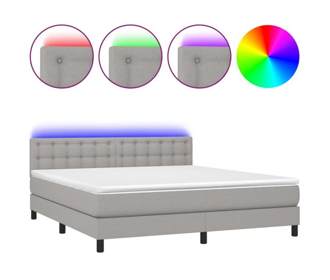Cama box spring colchón y luces led tela gris claro 180x200 cm botones