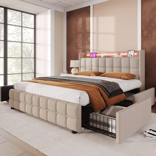 Cama estofada 160x200cm em linho - com LED e portas de carregamento USB - 2 gavetas - Bege