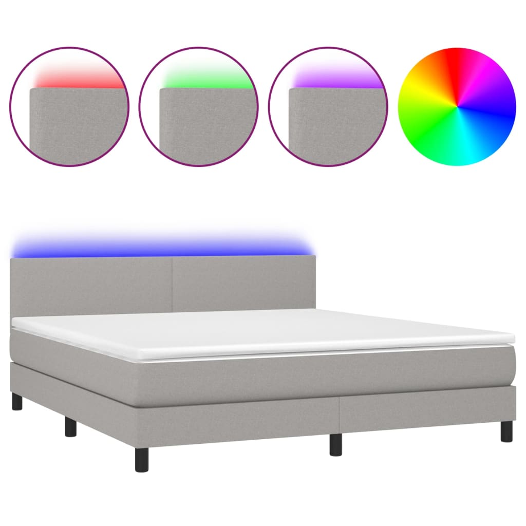 Cama box spring con colchón tela y led gris claro 160x200 cm diseño plano