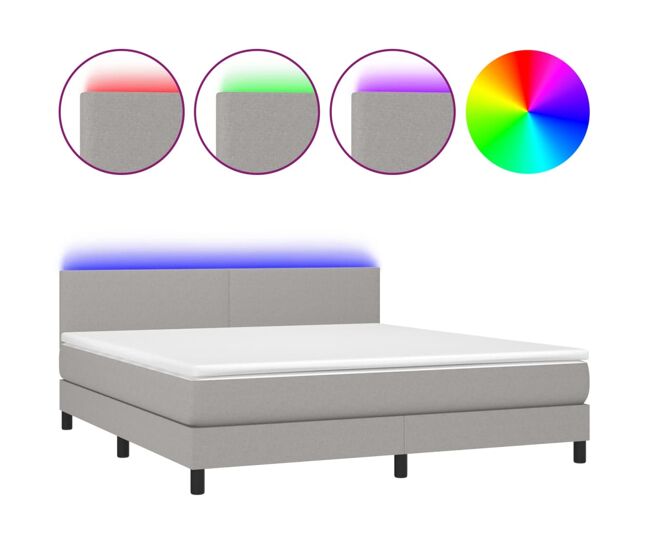 Cama box spring con colchón tela y led gris claro 160x200 cm diseño plano