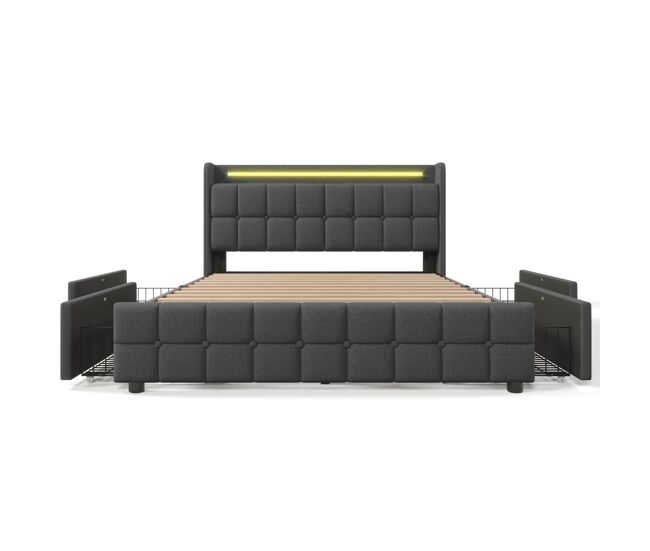 Cama tapizada 140x200cm en lino - con led y puertos de carga usb - 2 cajones - gris