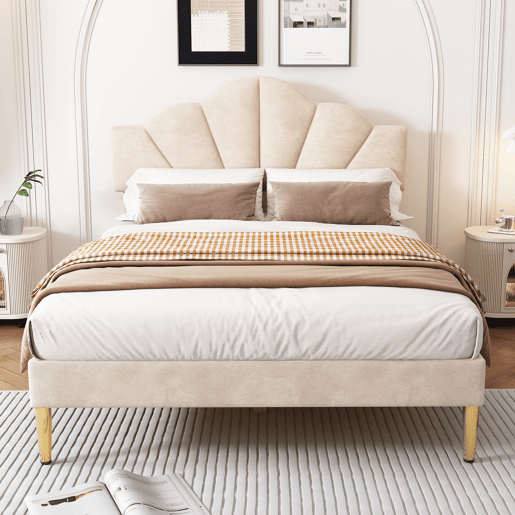 Cama de criança em veludo - 140x200cm - cabeceira em forma de concha - Bege