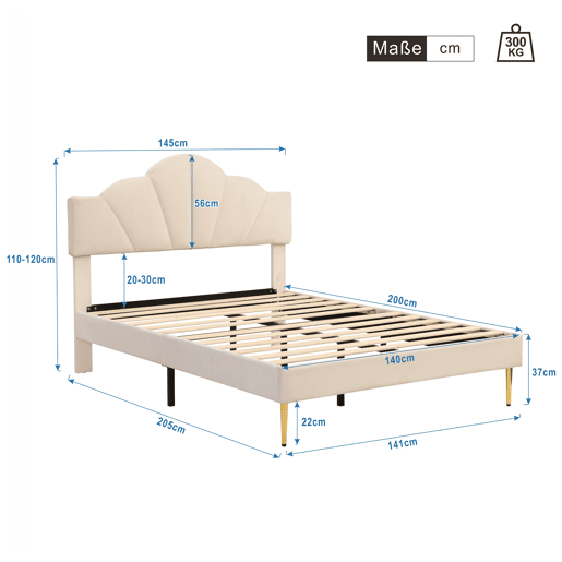 Cama de criança em veludo - 140x200cm - cabeceira em forma de concha - Bege