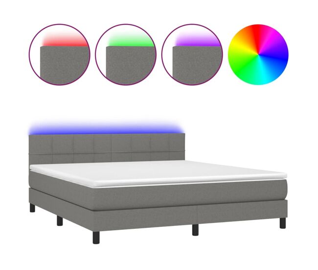 Cama box spring colchón y luces led tela gris oscuro 180x200 cm bloques con cuadros