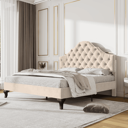 Cama estofada 140x190cm em veludo com cabeceira regulável + estrado - Bege Cama estofada 140x190cm em veludo com cabeceira regulável + estrado - Bege