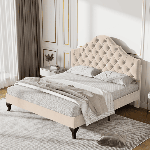 Cama estofada 140x190cm em veludo com cabeceira regulável + estrado - Bege Cama estofada 140x190cm em veludo com cabeceira regulável + estrado - Bege