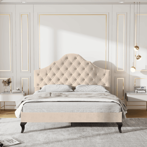 Cama estofada 140x190cm em veludo com cabeceira regulável + estrado - Bege Cama estofada 140x190cm em veludo com cabeceira regulável + estrado - Bege