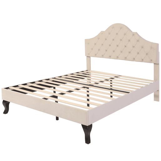 Cama estofada 140x190cm em veludo com cabeceira regulável + estrado - Bege Cama estofada 140x190cm em veludo com cabeceira regulável + estrado - Bege
