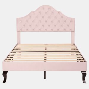 Cama estofada 140x200cm em veludo com cabeceira regulável + estrado de molas - Rosa