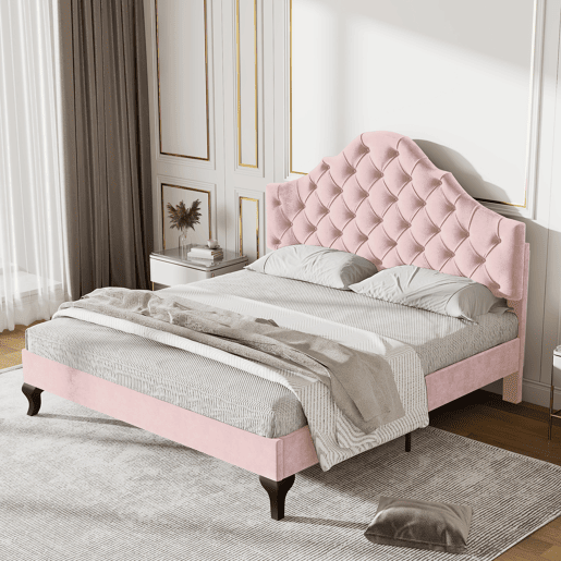 Cama estofada 140x200cm em veludo com cabeceira regulável + estrado de molas - Rosa