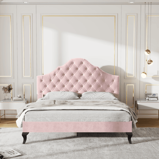 Cama estofada 140x200cm em veludo com cabeceira regulável + estrado de molas - Rosa