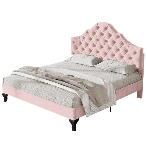 Cama estofada 140x200cm em veludo com cabeceira regulável + estrado de molas - Rosa