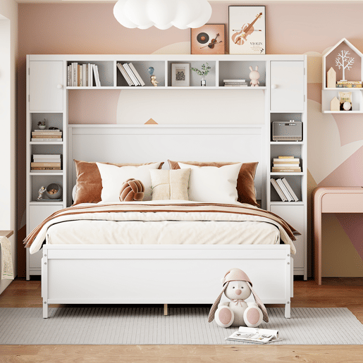Cama de casal 140x200cm - com 4 gavetas e cabeceira com grande arrumação - madeira maciça - Branco