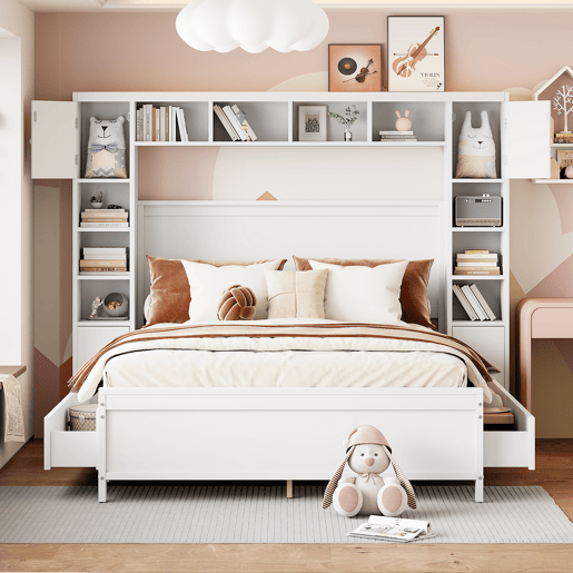 Cama de casal 140x200cm - com 4 gavetas e cabeceira com grande arrumação - madeira maciça - Branco
