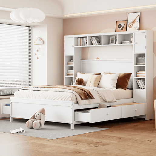 Cama de casal 140x200cm - com 4 gavetas e cabeceira com grande arrumação - madeira maciça - Branco