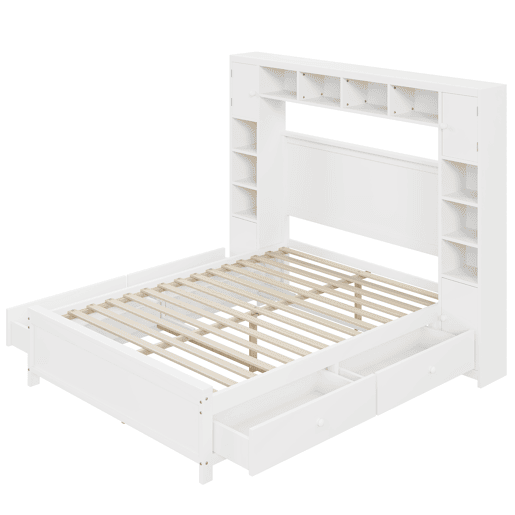 Cama de casal 140x200cm - com 4 gavetas e cabeceira com grande arrumação - madeira maciça - Branco