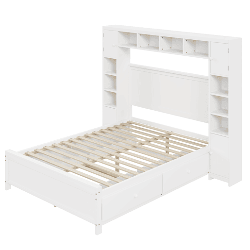 Cama de casal 140x200cm - com 4 gavetas e cabeceira com grande arrumação - madeira maciça - Branco