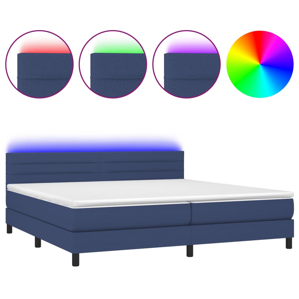 Cama box spring colchón y luces led tela azul 200x200 cm rayas horizontales