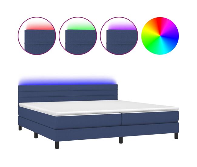 Cama box spring colchón y luces led tela azul 200x200 cm rayas horizontales