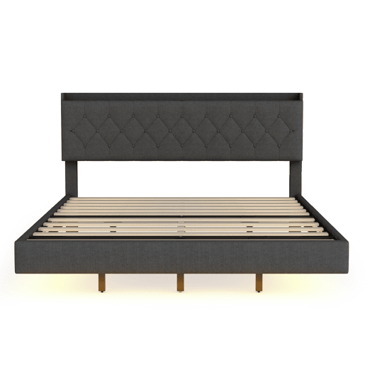 Cama estofada em linho 160x200 cm - com porta de carregamento USB e LED - com estrado - Cinzento
