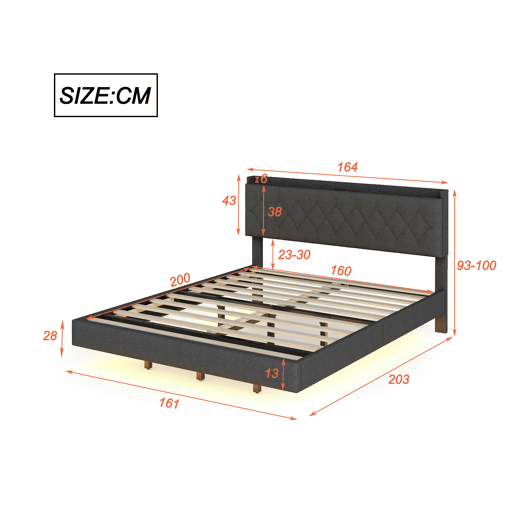 Cama estofada em linho 160x200 cm - com porta de carregamento USB e LED - com estrado - Cinzento
